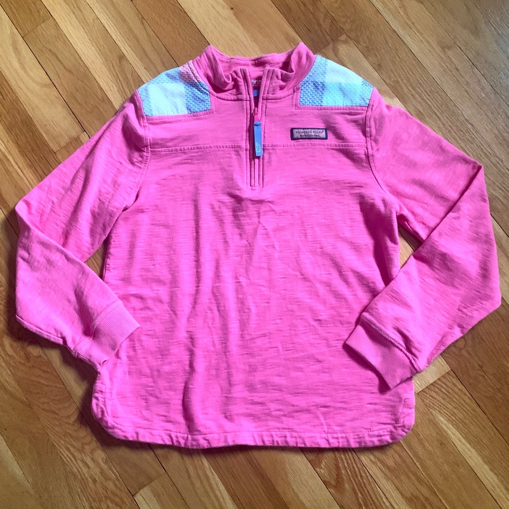 Vineyard Vines Girls’ L (14) Taffy Pink 1/4 Zip Shep Shirt Patchwork Whale Yoke